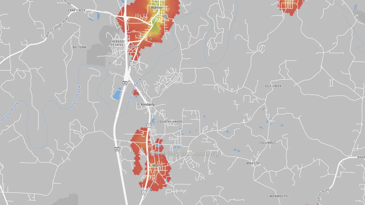 Walk Grade map of Kimberly, AL, walkable areas in green and car-dependent areas in red