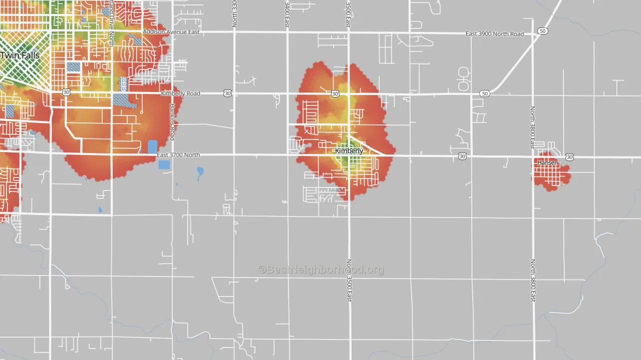 Walk Grade map of Kimberly, ID, walkable areas in green and car-dependent areas in red