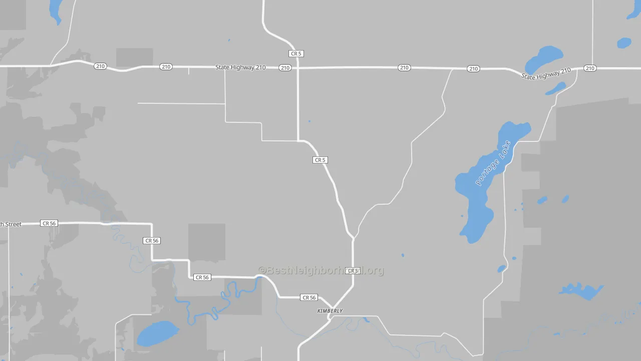 Walk Grade map of Kimberly, MN, walkable areas in green and car-dependent areas in red