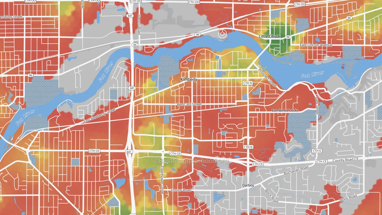 Walk Grade map of Kimberly, WI, walkable areas in green and car-dependent areas in red