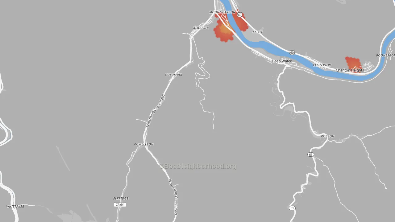 Walk Grade map of Kimberly, WV, walkable areas in green and car-dependent areas in red