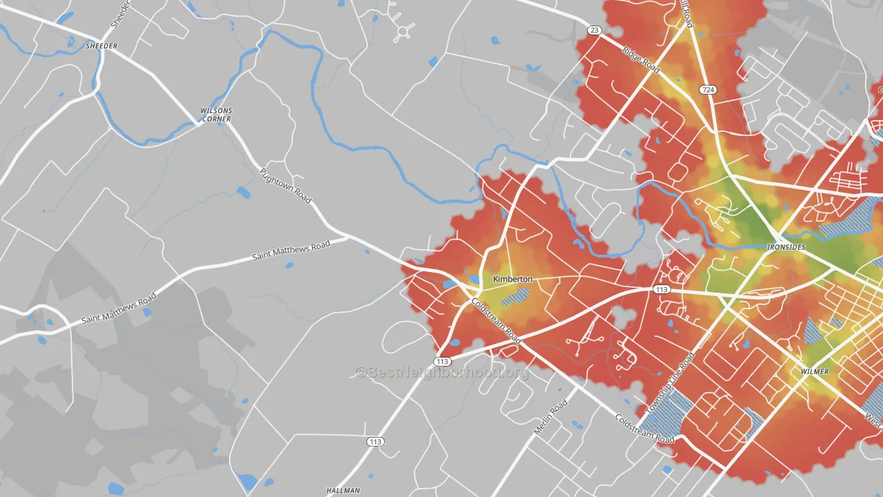 Walk Grade map of Kimberton, PA, walkable areas in green and car-dependent areas in red