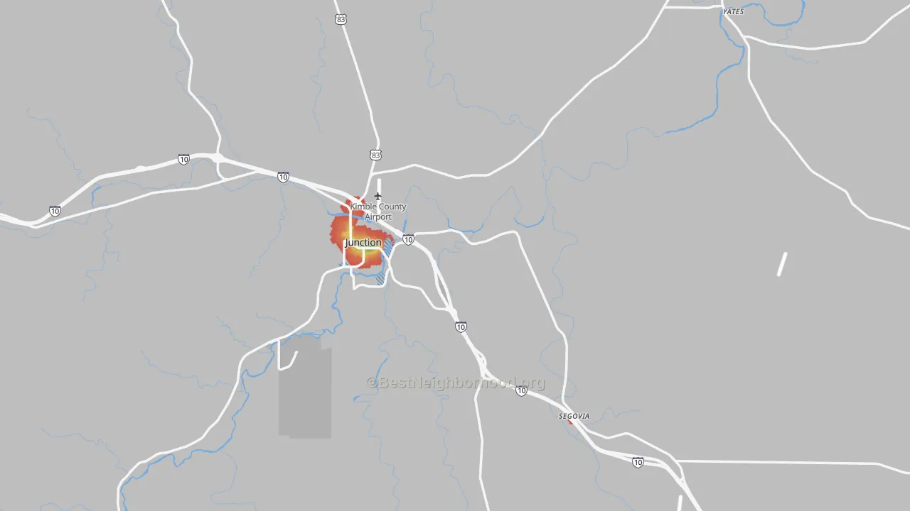 Walk Grade map of Kimble County, TX, walkable areas in green and car-dependent areas in red
