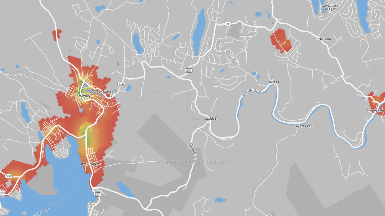 Walk Grade map of Kimbles, PA, walkable areas in green and car-dependent areas in red