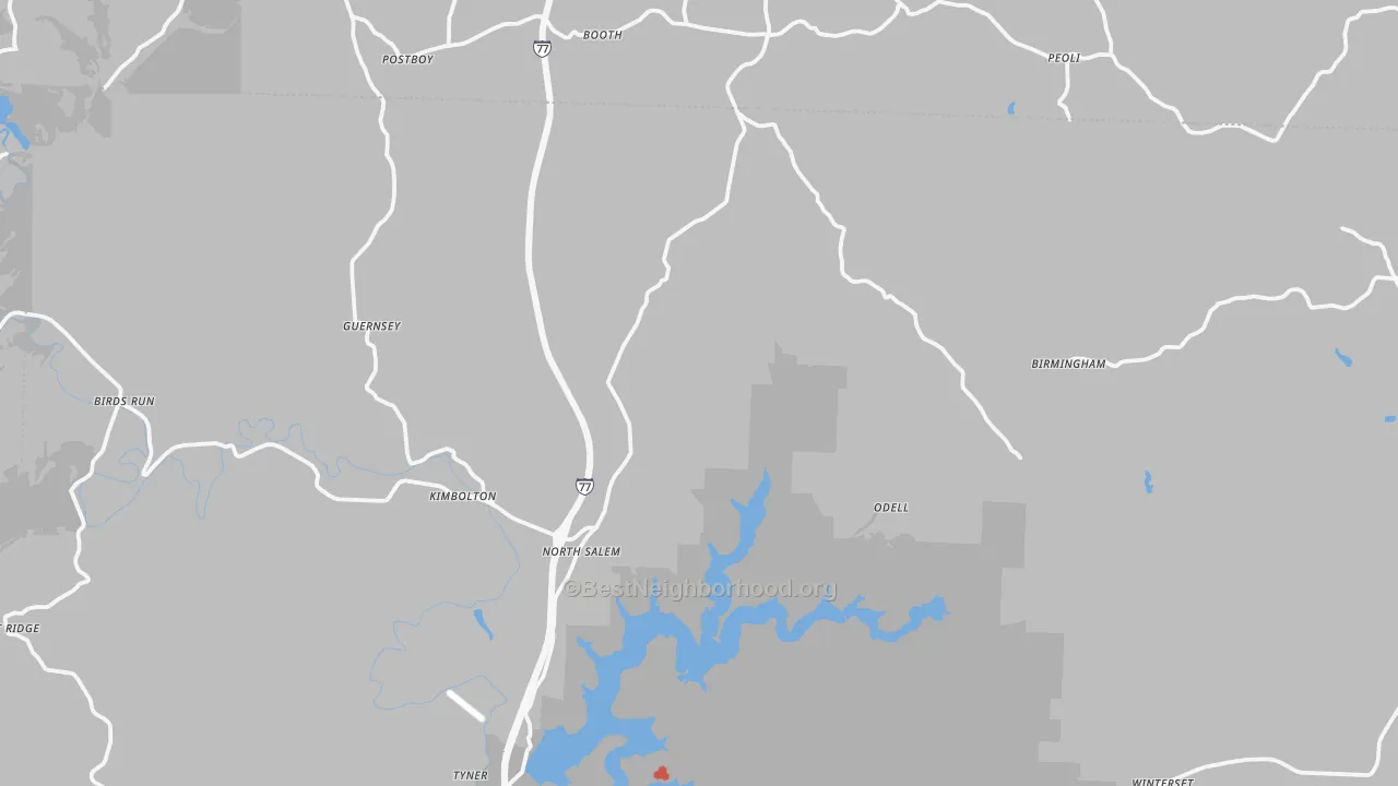 Walk Grade map of Kimbolton, OH, walkable areas in green and car-dependent areas in red