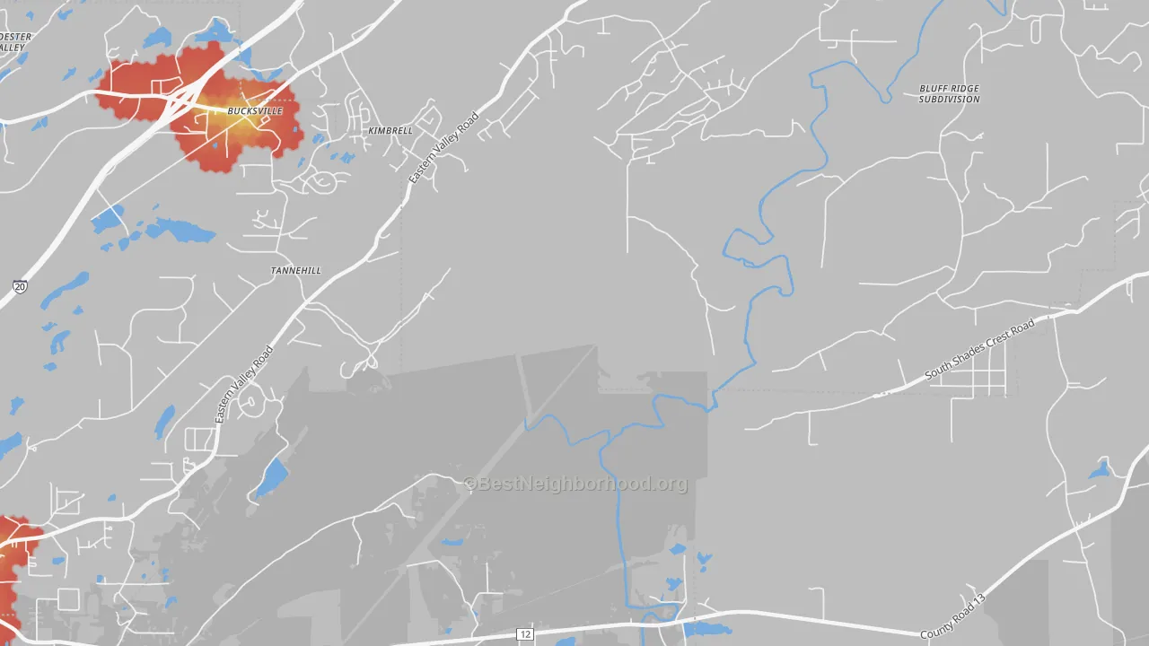 Walk Grade map of Kimbrell, AL, walkable areas in green and car-dependent areas in red