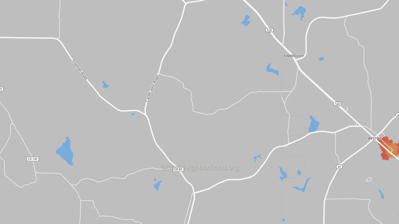 Walk Grade map of Kimbrough, GA, walkable areas in green and car-dependent areas in red