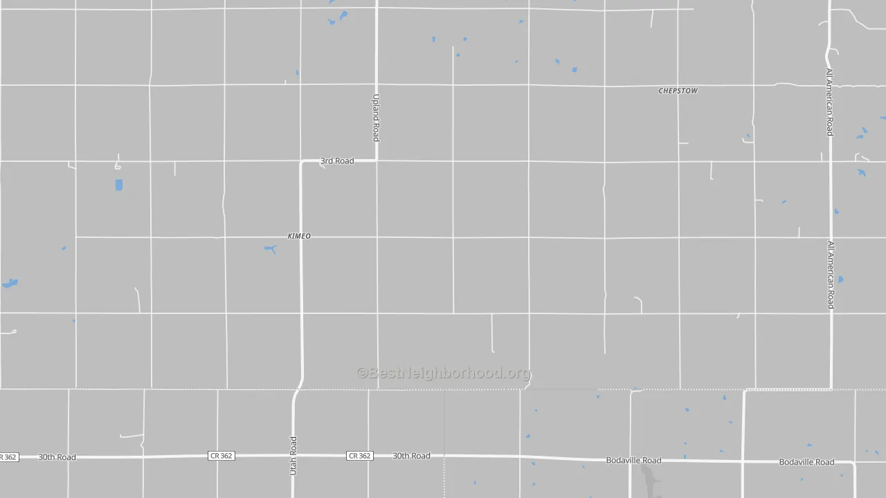 Walk Grade map of Kimeo, KS, walkable areas in green and car-dependent areas in red
