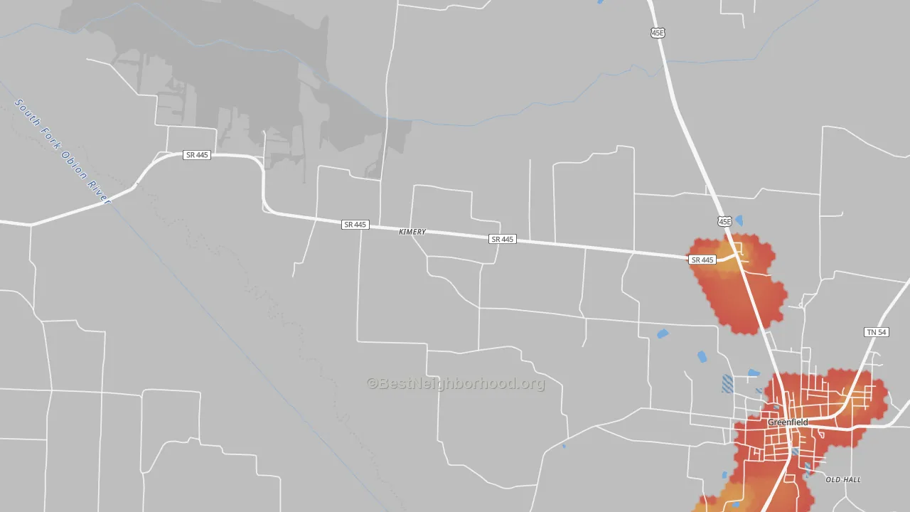 Walk Grade map of Kimery, TN, walkable areas in green and car-dependent areas in red