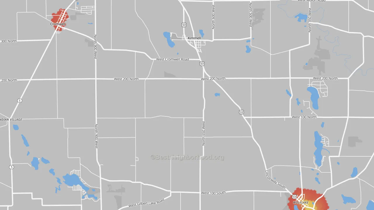 Walk Grade map of Kimmell, IN, walkable areas in green and car-dependent areas in red