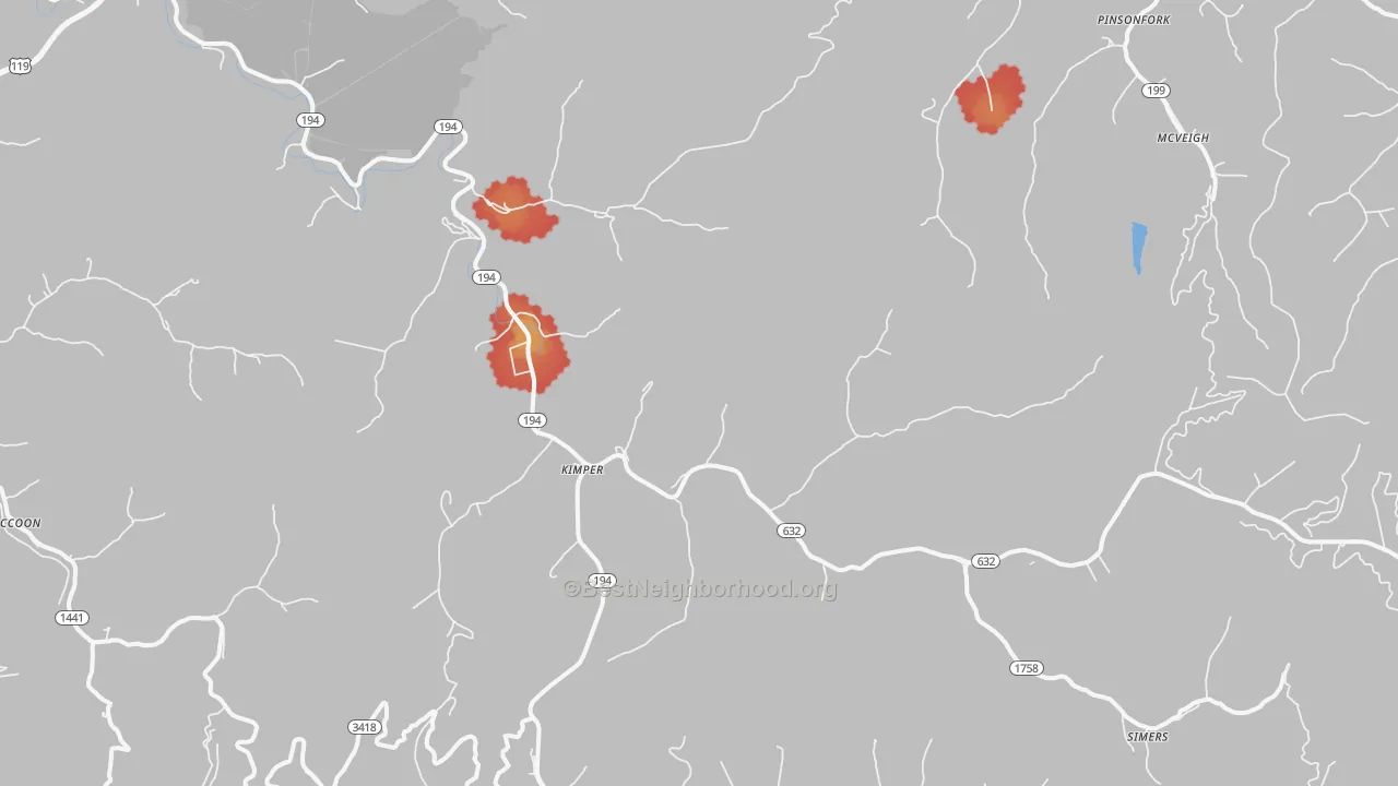 Walk Grade map of Kimper, KY, walkable areas in green and car-dependent areas in red