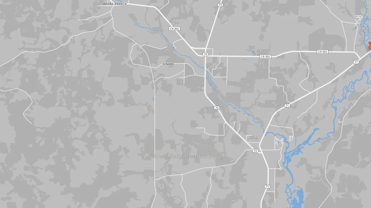 Walk Grade map of Kinard, FL, walkable areas in green and car-dependent areas in red