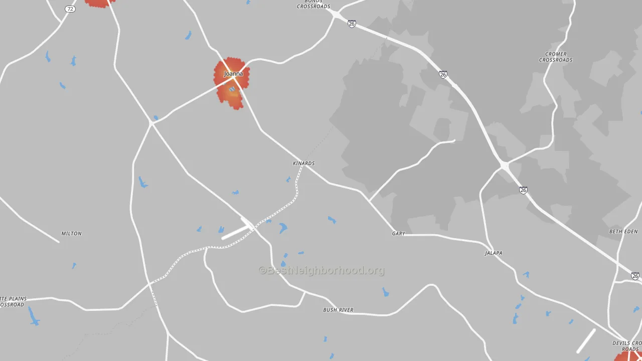 Walk Grade map of Kinards, SC, walkable areas in green and car-dependent areas in red