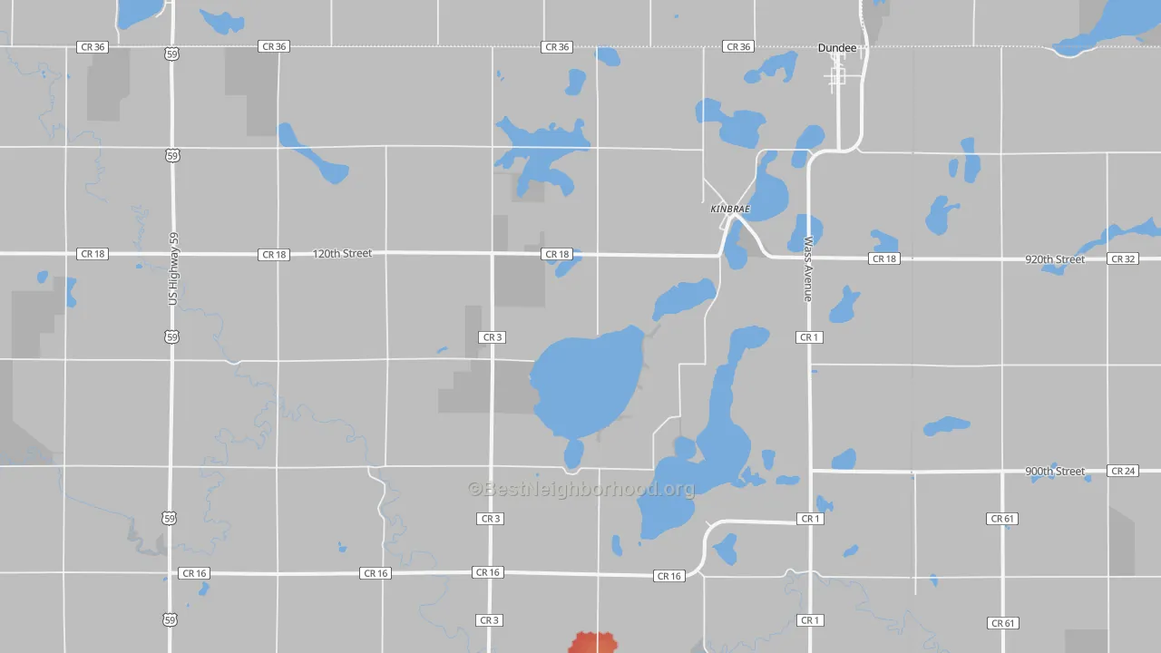 Walk Grade map of Kinbrae, MN, walkable areas in green and car-dependent areas in red
