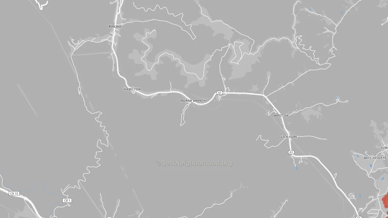 Walk Grade map of Kincaid, WV, walkable areas in green and car-dependent areas in red