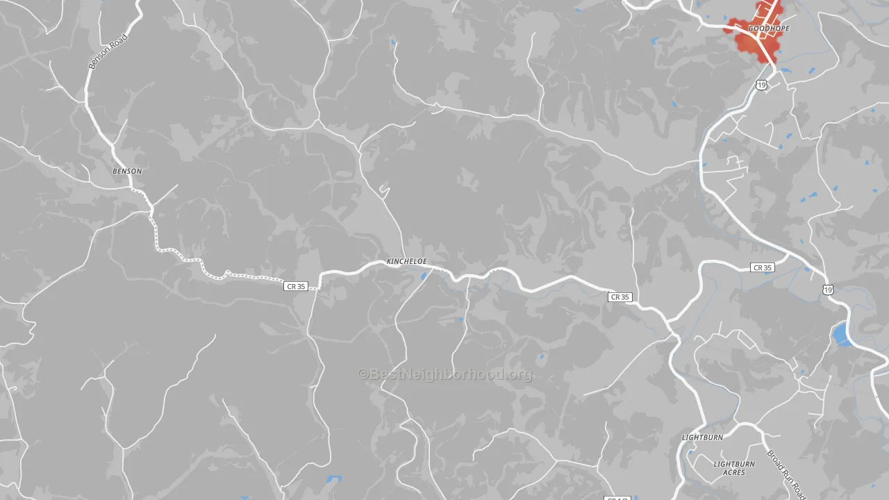 Walk Grade map of Kincheloe, WV, walkable areas in green and car-dependent areas in red