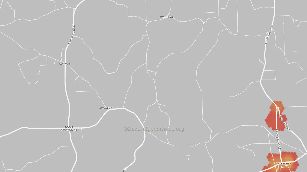 Walk Grade map of Kincheon, AL, walkable areas in green and car-dependent areas in red
