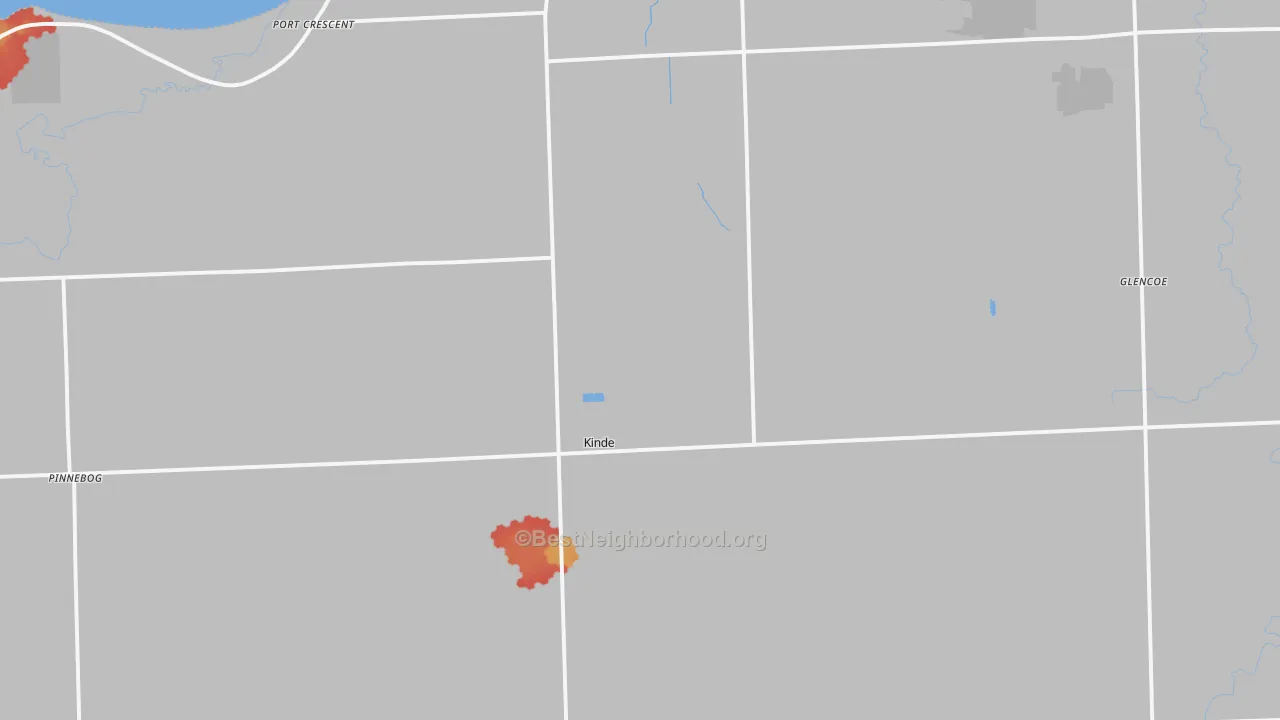 Walk Grade map of Kinde, MI, walkable areas in green and car-dependent areas in red