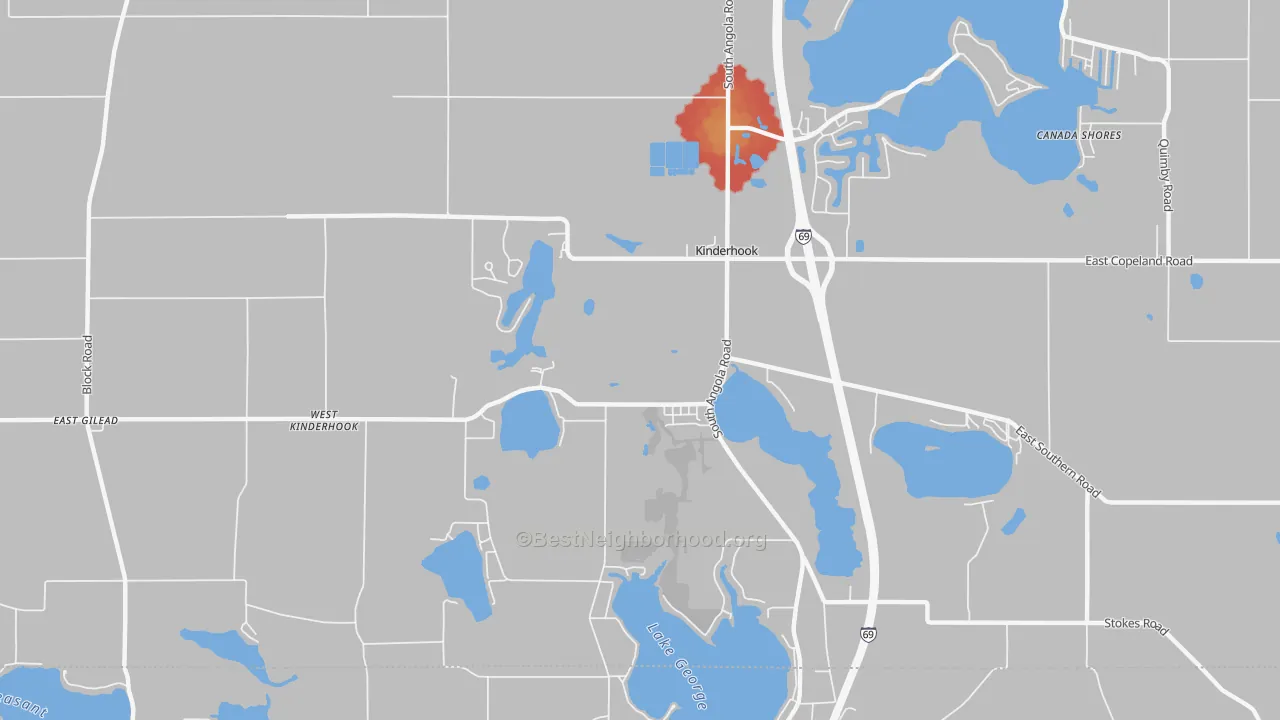 Walk Grade map of Kinderhook, MI, walkable areas in green and car-dependent areas in red