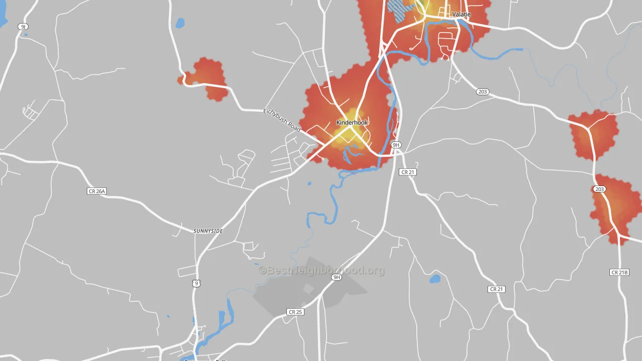 Walk Grade map of Kinderhook, NY, walkable areas in green and car-dependent areas in red