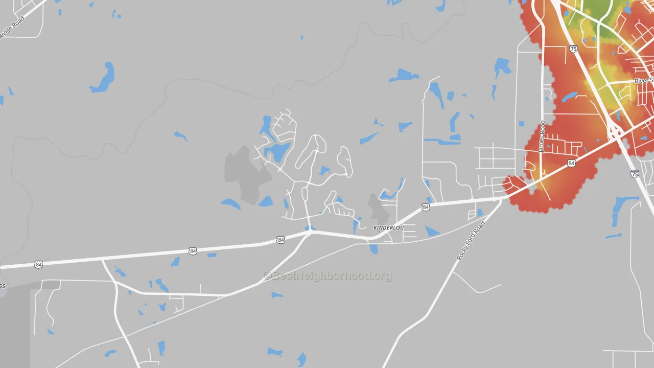 Walk Grade map of Kinderlou, GA, walkable areas in green and car-dependent areas in red
