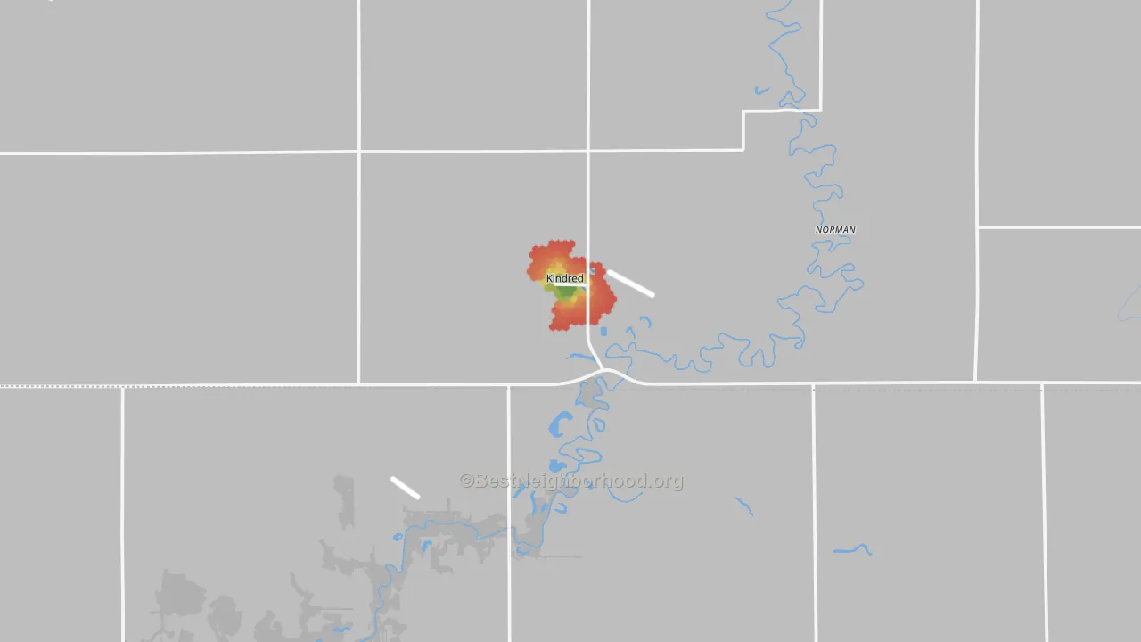 Walk Grade map of Kindred, ND, walkable areas in green and car-dependent areas in red