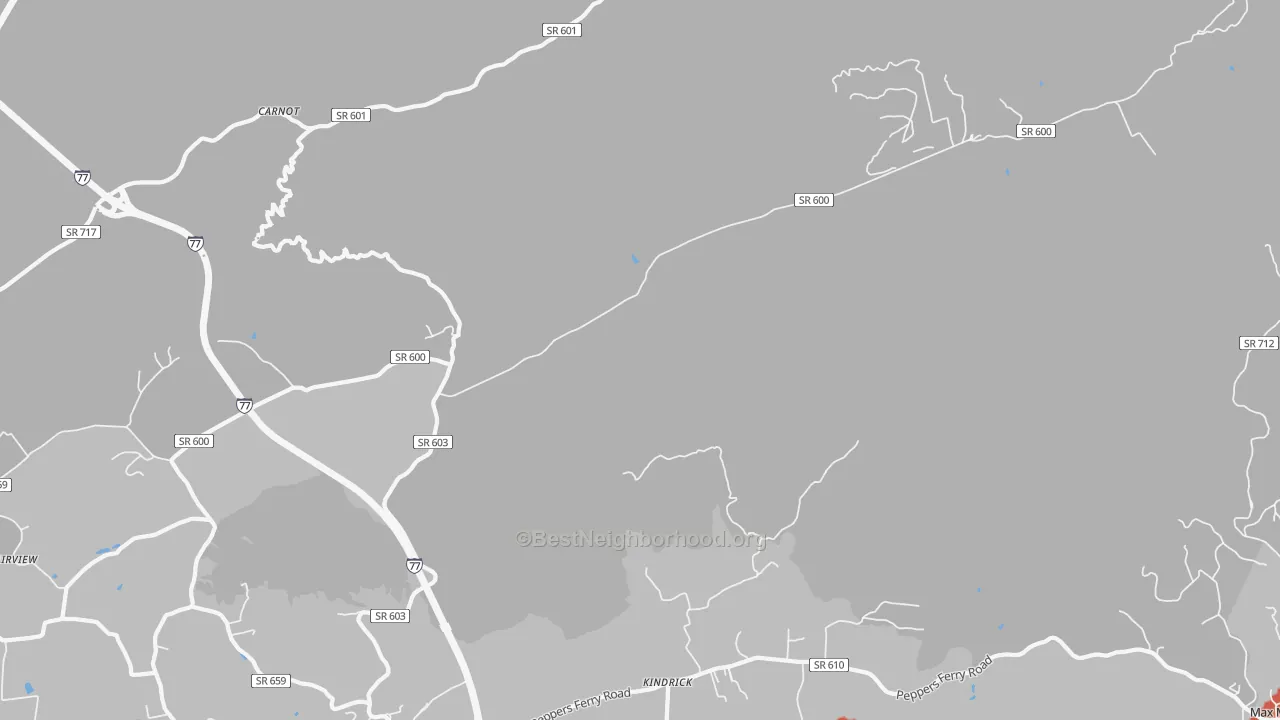 Walk Grade map of Kindrick, VA, walkable areas in green and car-dependent areas in red