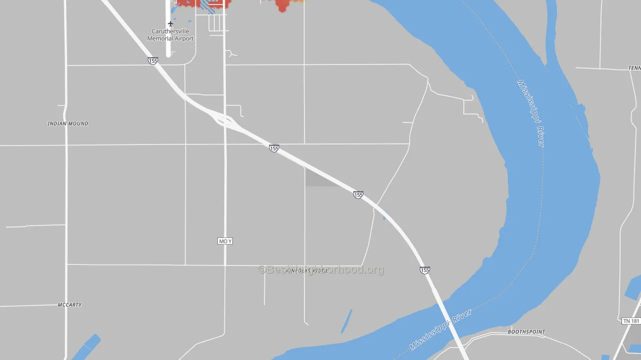 Walk Grade map of Kinfolks Ridge, MO, walkable areas in green and car-dependent areas in red