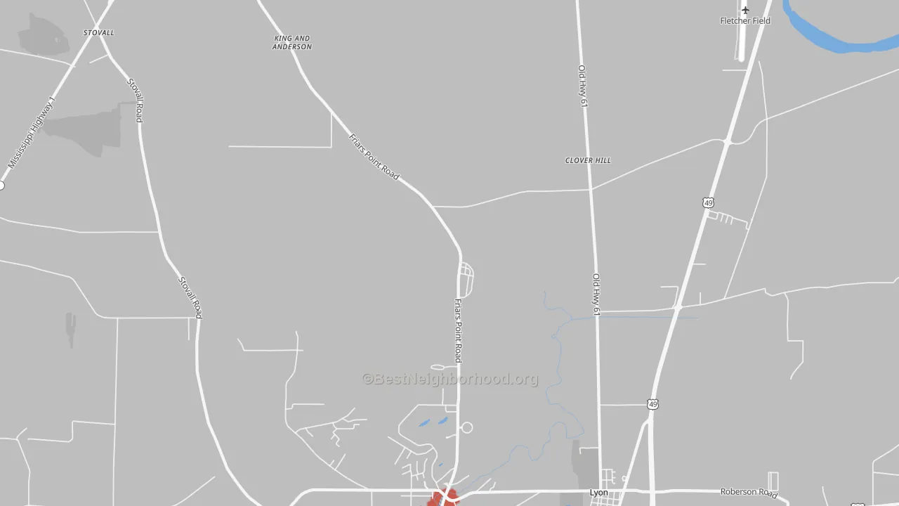 Walk Grade map of King and Anderson, MS, walkable areas in green and car-dependent areas in red