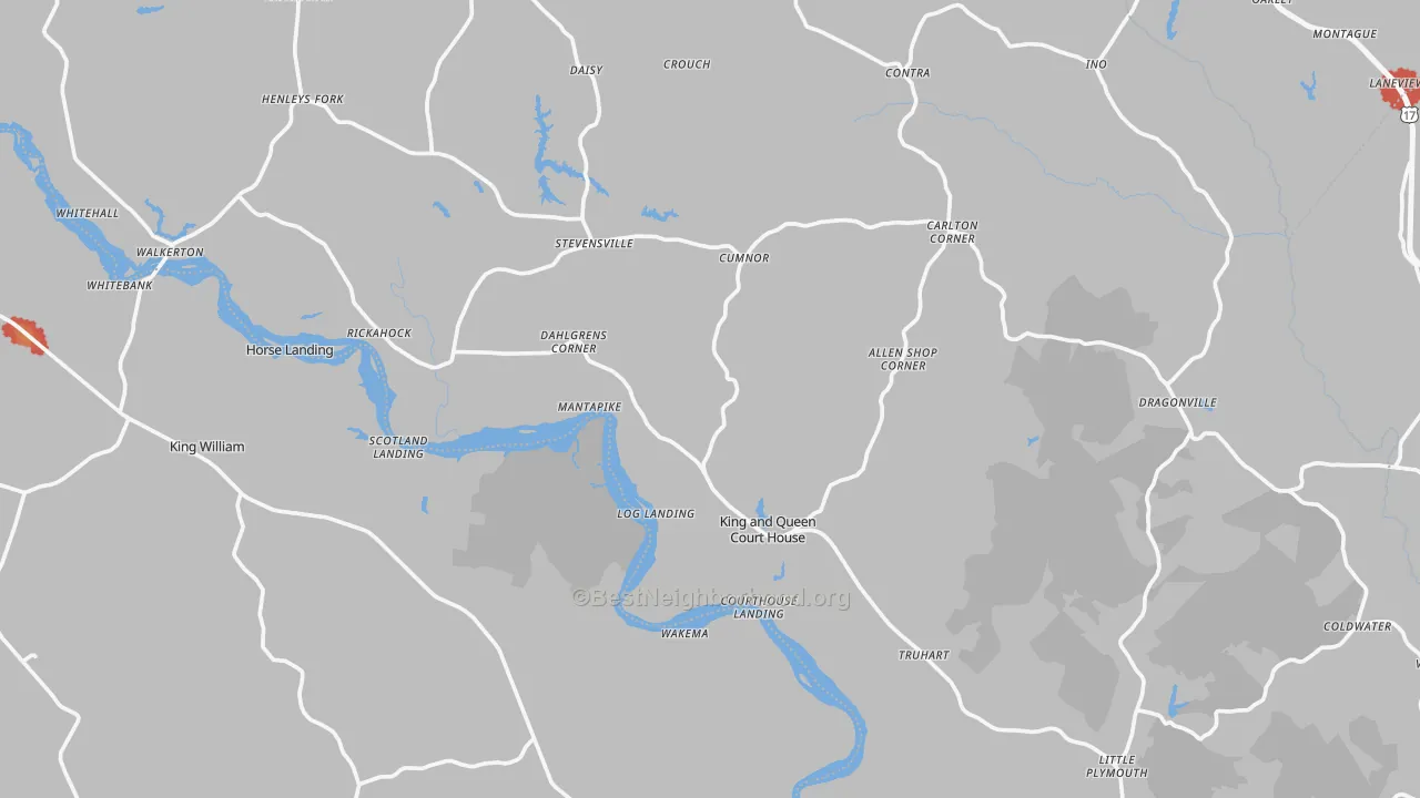 Walk Grade map of King and Queen County, VA, walkable areas in green and car-dependent areas in red