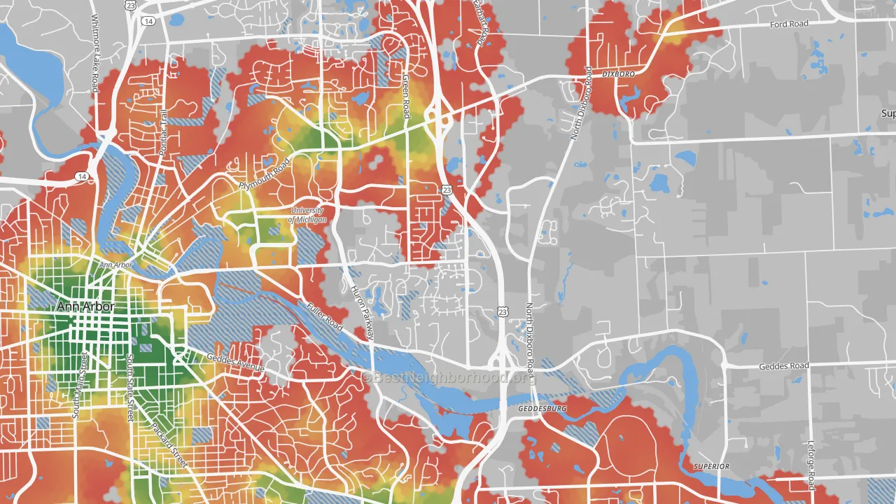Walk Grade map of King, Ann Arbor, MI, walkable areas in green and car-dependent areas in red