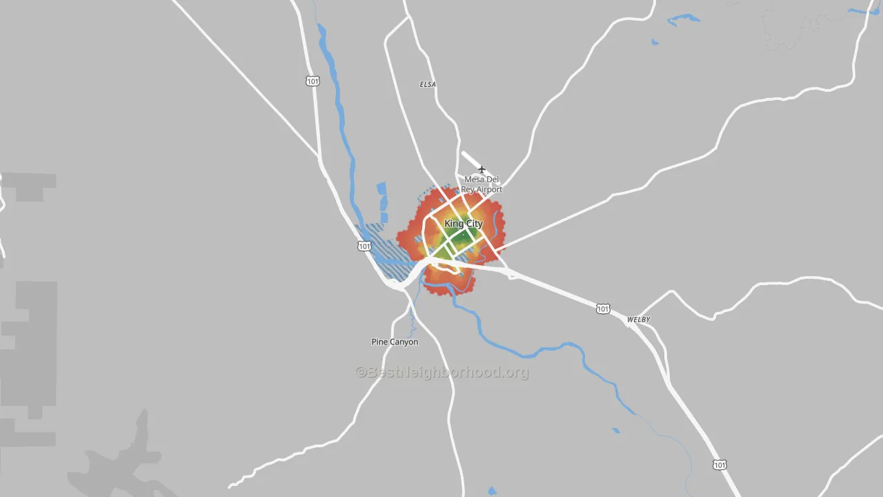 Walk Grade map of King City, CA, walkable areas in green and car-dependent areas in red