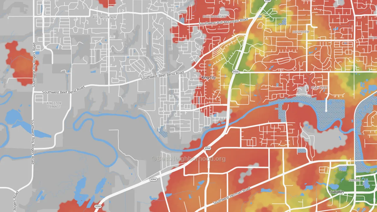 Walk Grade map of King City, OR, walkable areas in green and car-dependent areas in red