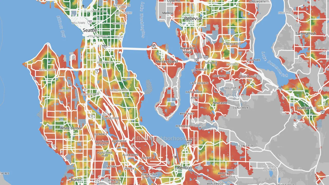 Walk Grade map of King County, WA, walkable areas in green and car-dependent areas in red