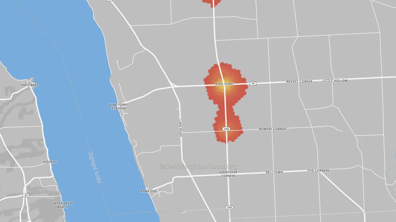 Walk Grade map of King Ferry, NY, walkable areas in green and car-dependent areas in red
