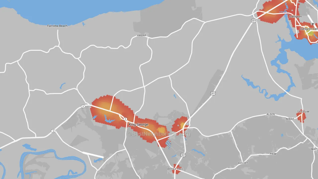 Walk Grade map of King George County, VA, walkable areas in green and car-dependent areas in red