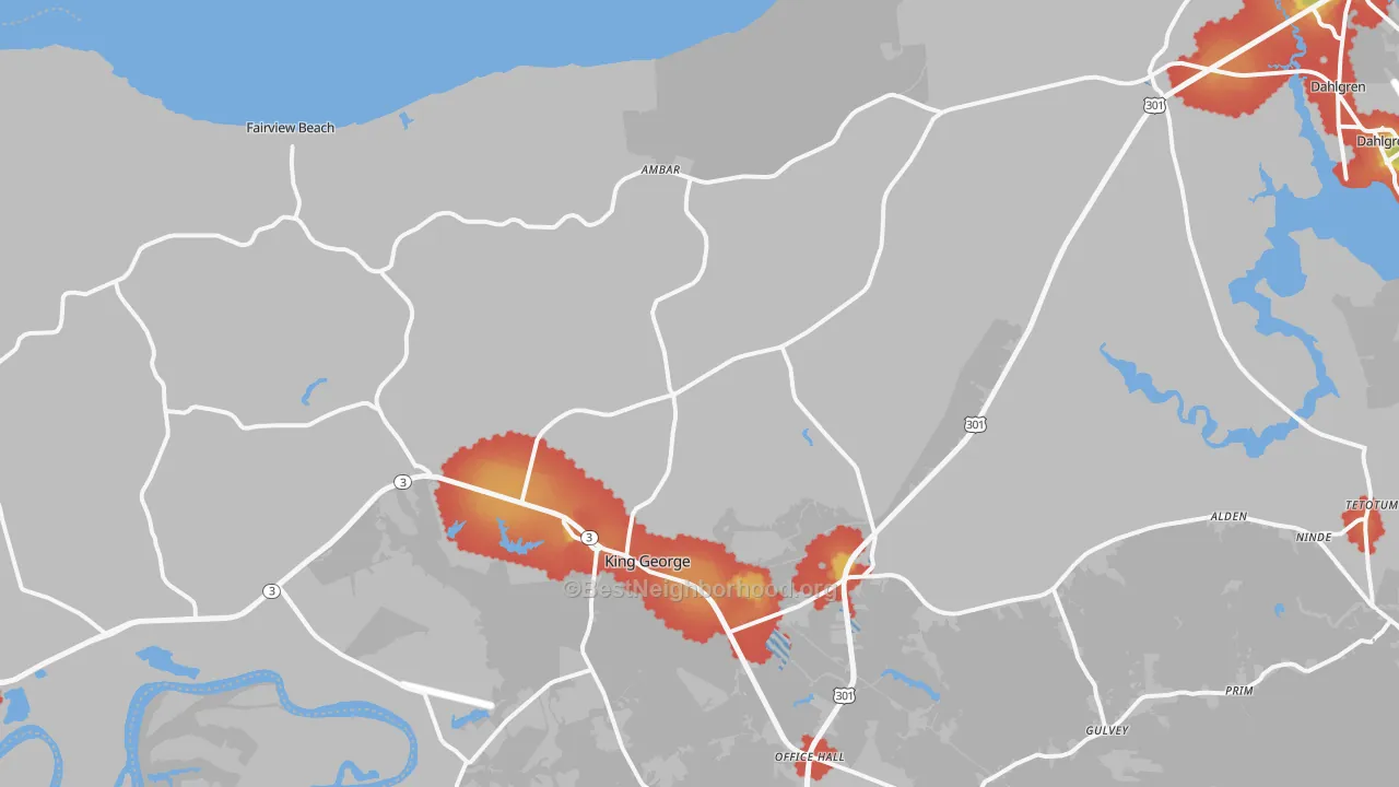Walk Grade map of King George, VA, walkable areas in green and car-dependent areas in red