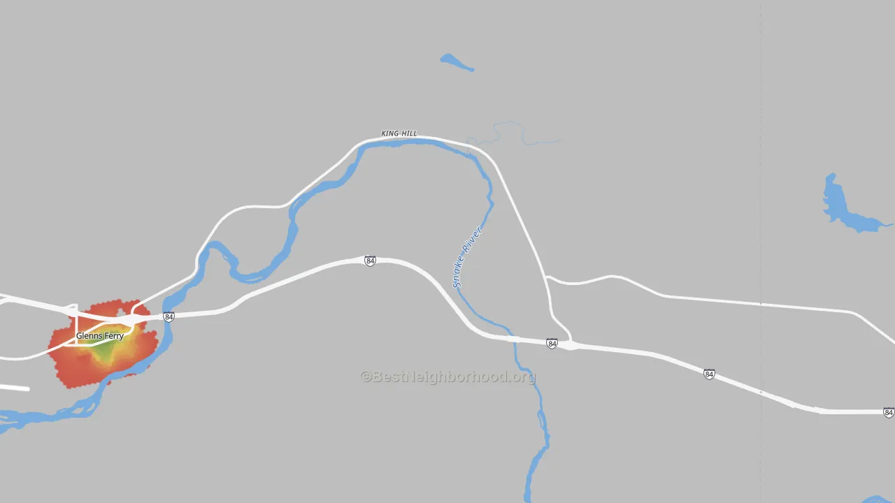 Walk Grade map of King Hill, ID, walkable areas in green and car-dependent areas in red