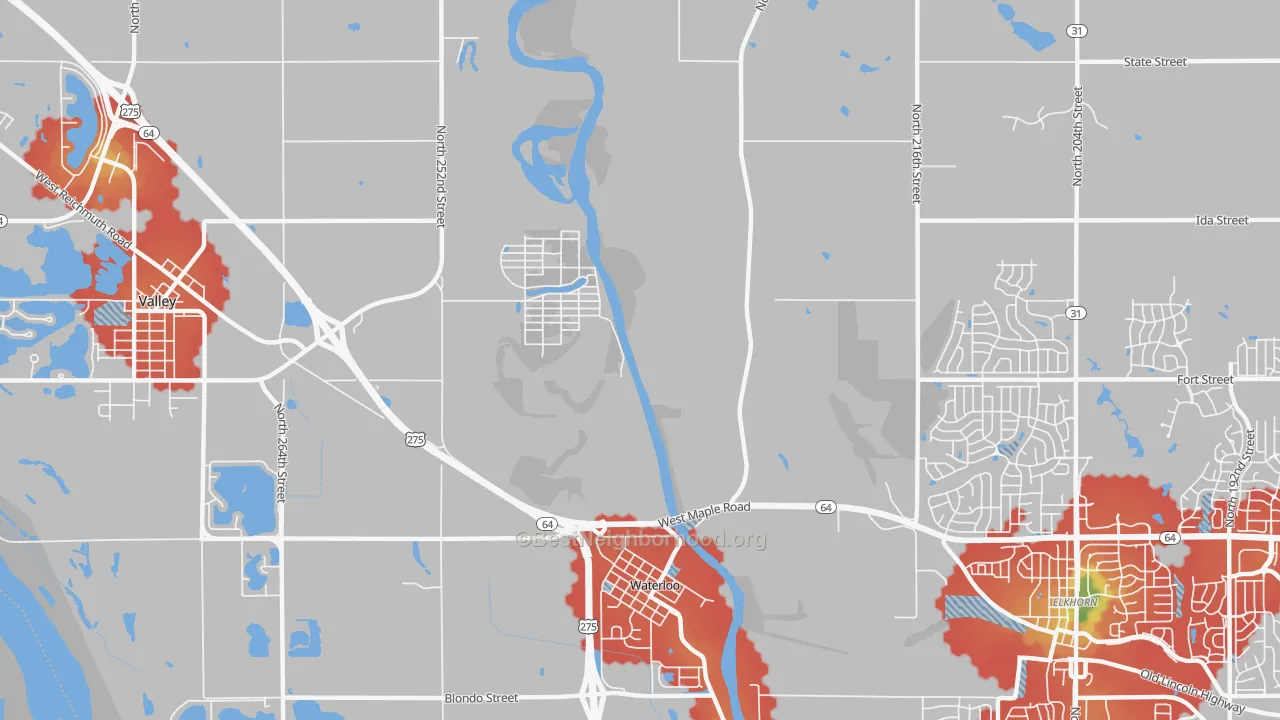 Walk Grade map of King Lake, NE, walkable areas in green and car-dependent areas in red
