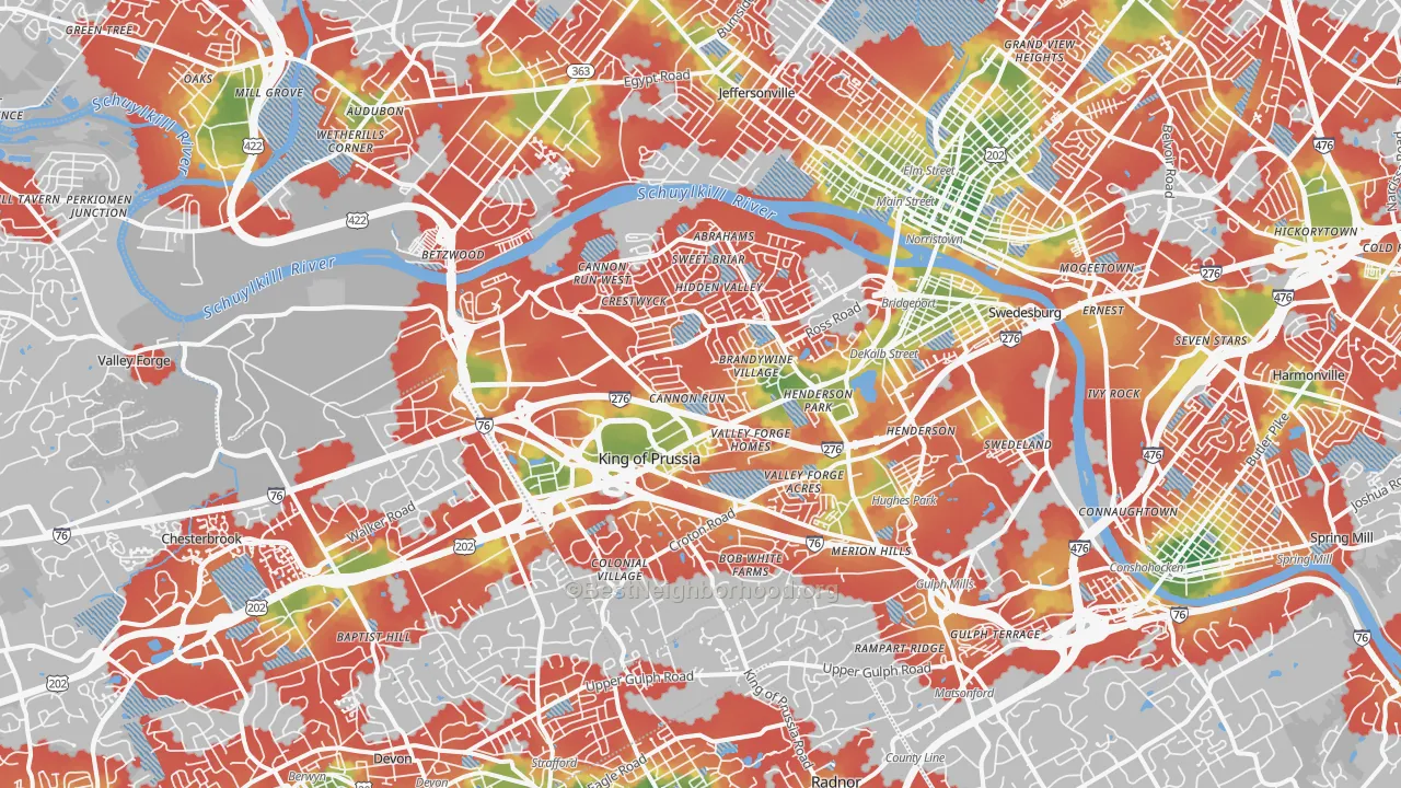 Walk Grade map of King of Prussia, PA, walkable areas in green and car-dependent areas in red