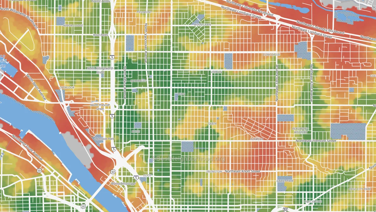 Walk Grade map of King, Portland, OR, walkable areas in green and car-dependent areas in red