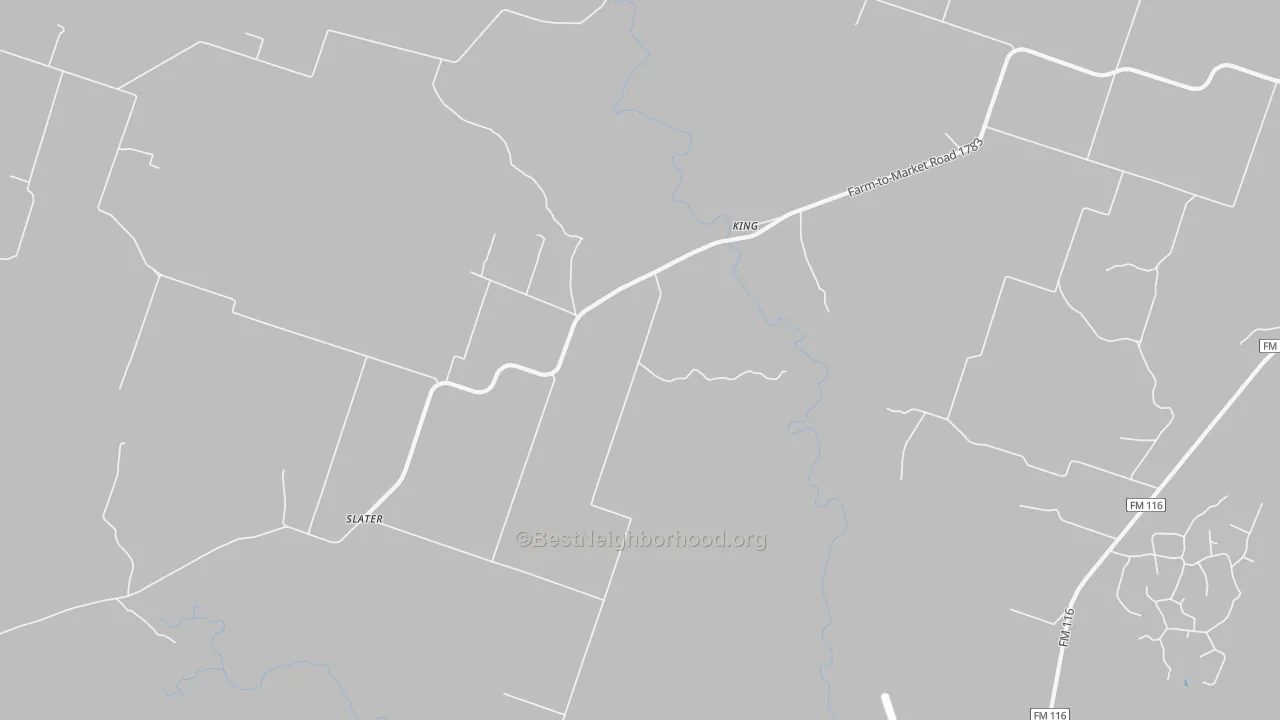 Walk Grade map of King, TX, walkable areas in green and car-dependent areas in red