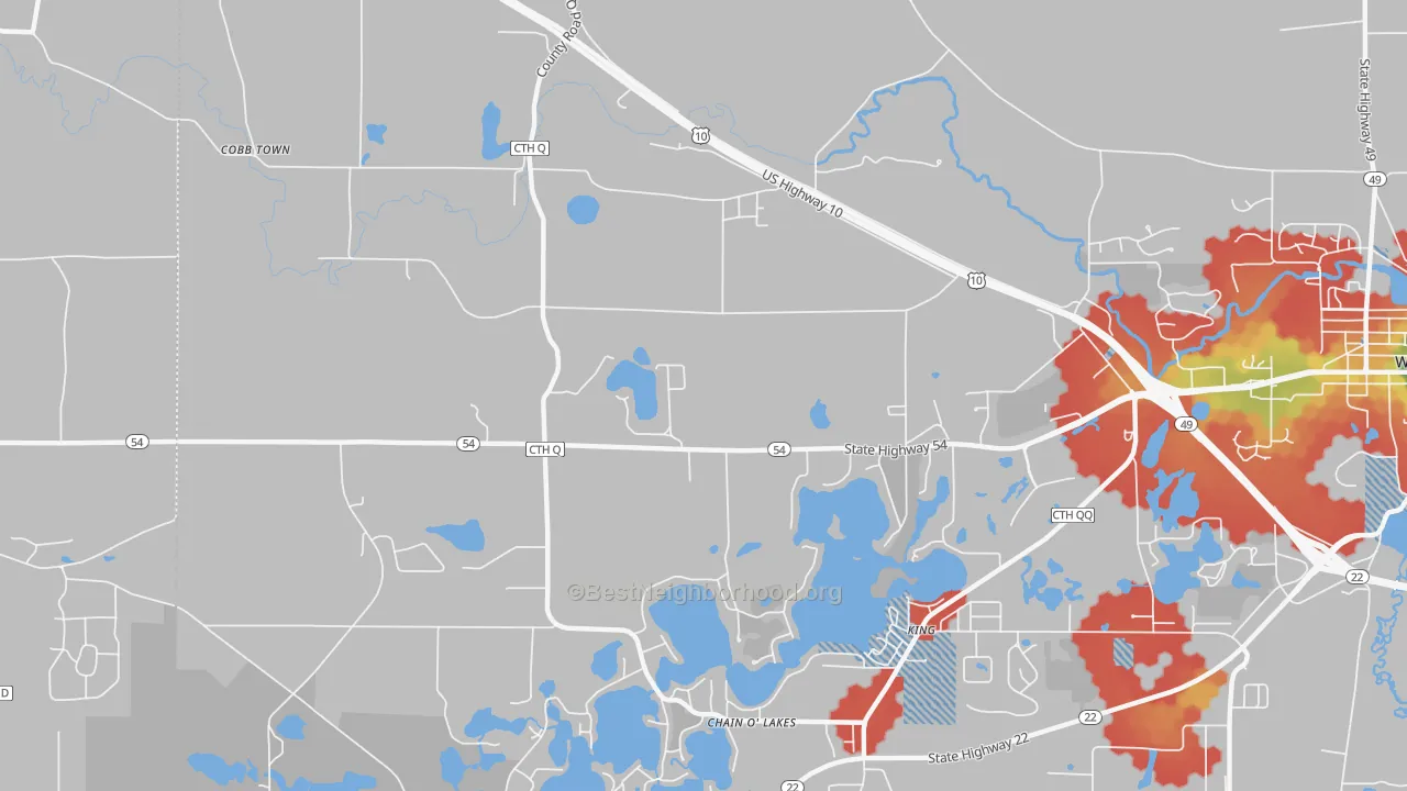 Walk Grade map of King, WI, walkable areas in green and car-dependent areas in red