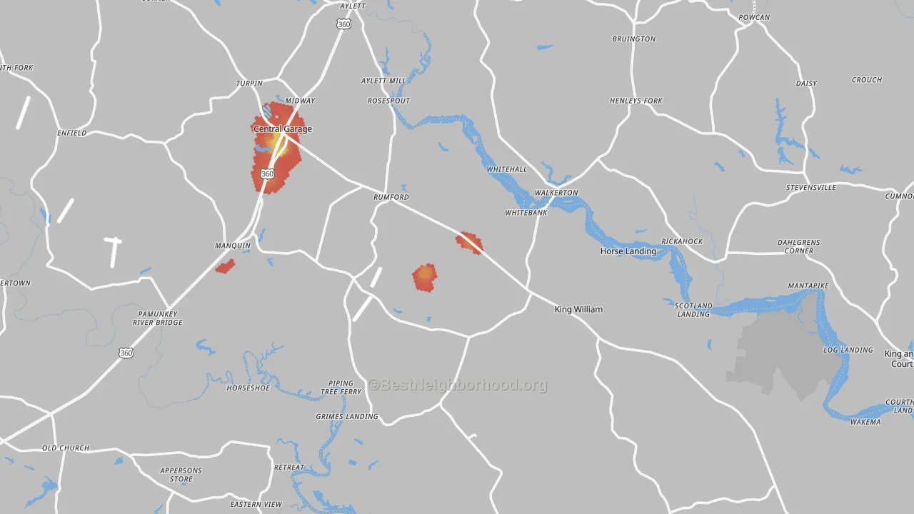 Walk Grade map of King William County, VA, walkable areas in green and car-dependent areas in red