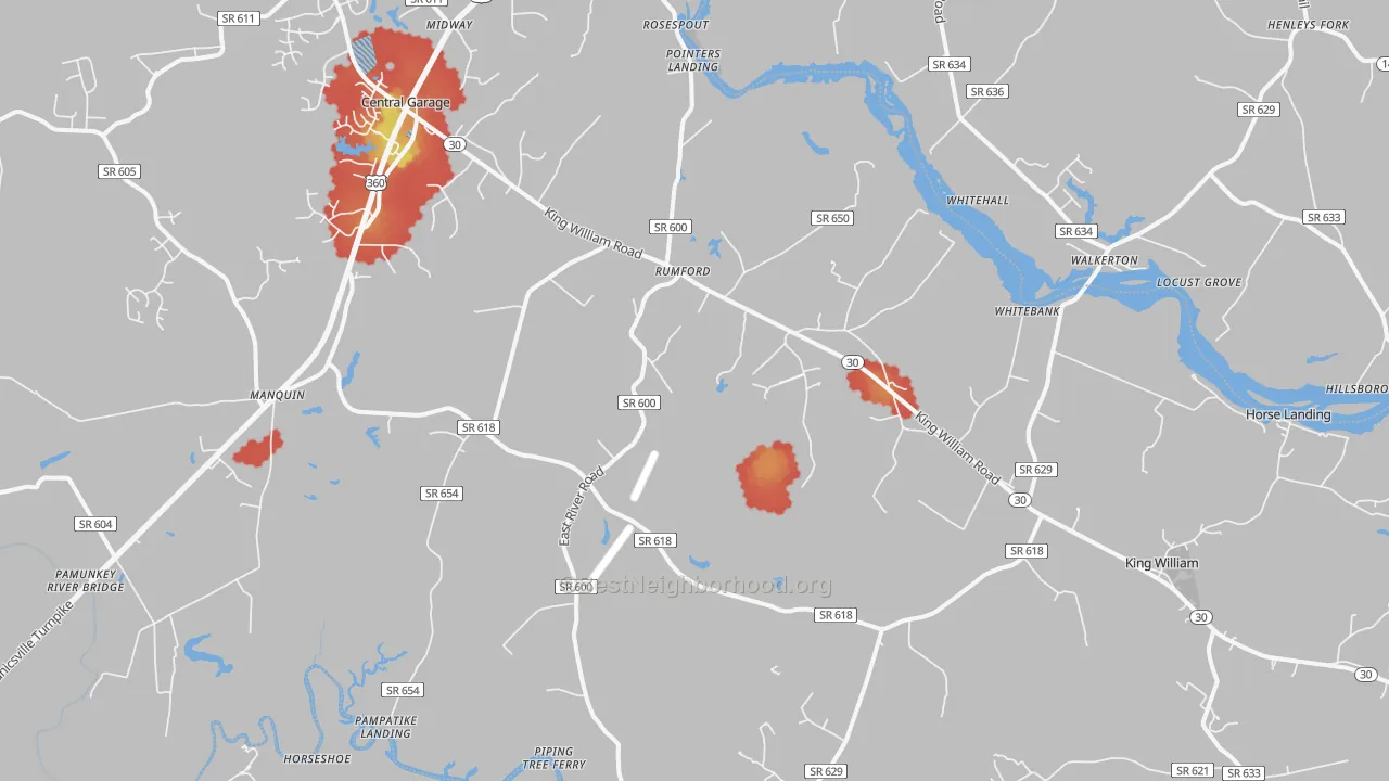Walk Grade map of King William, VA, walkable areas in green and car-dependent areas in red