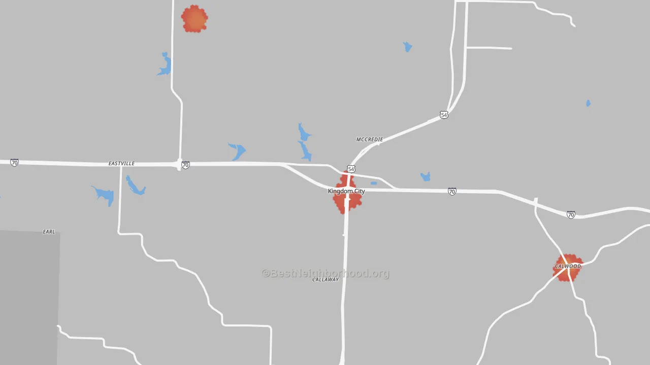 Walk Grade map of Kingdom City, MO, walkable areas in green and car-dependent areas in red