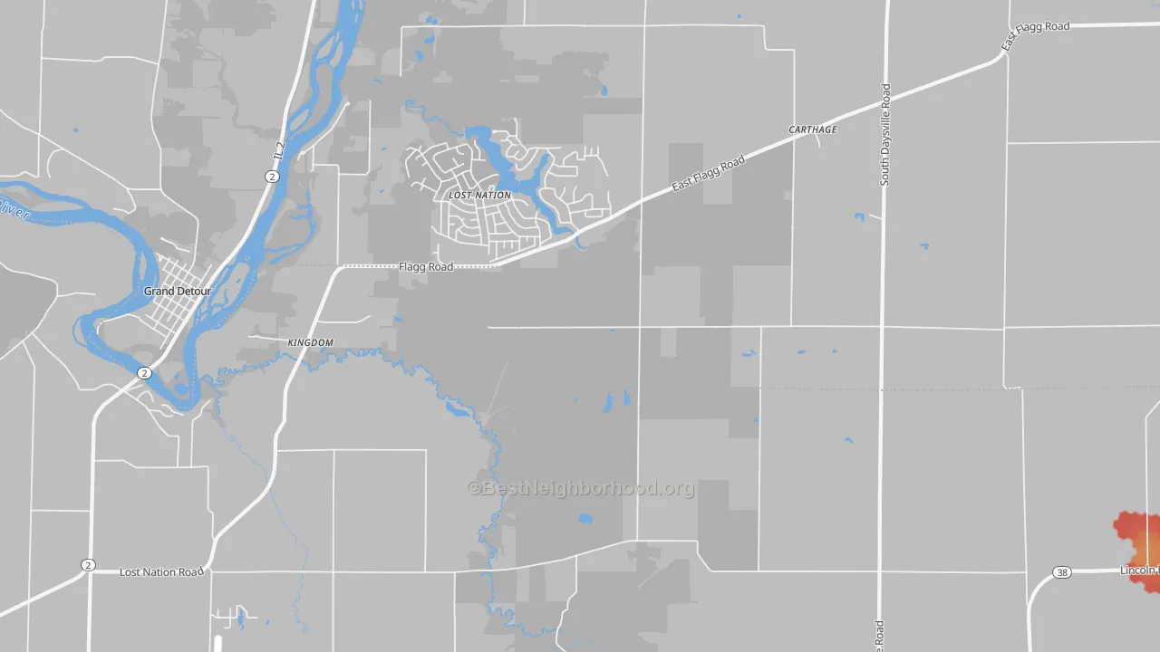 Walk Grade map of Kingdom, IL, walkable areas in green and car-dependent areas in red
