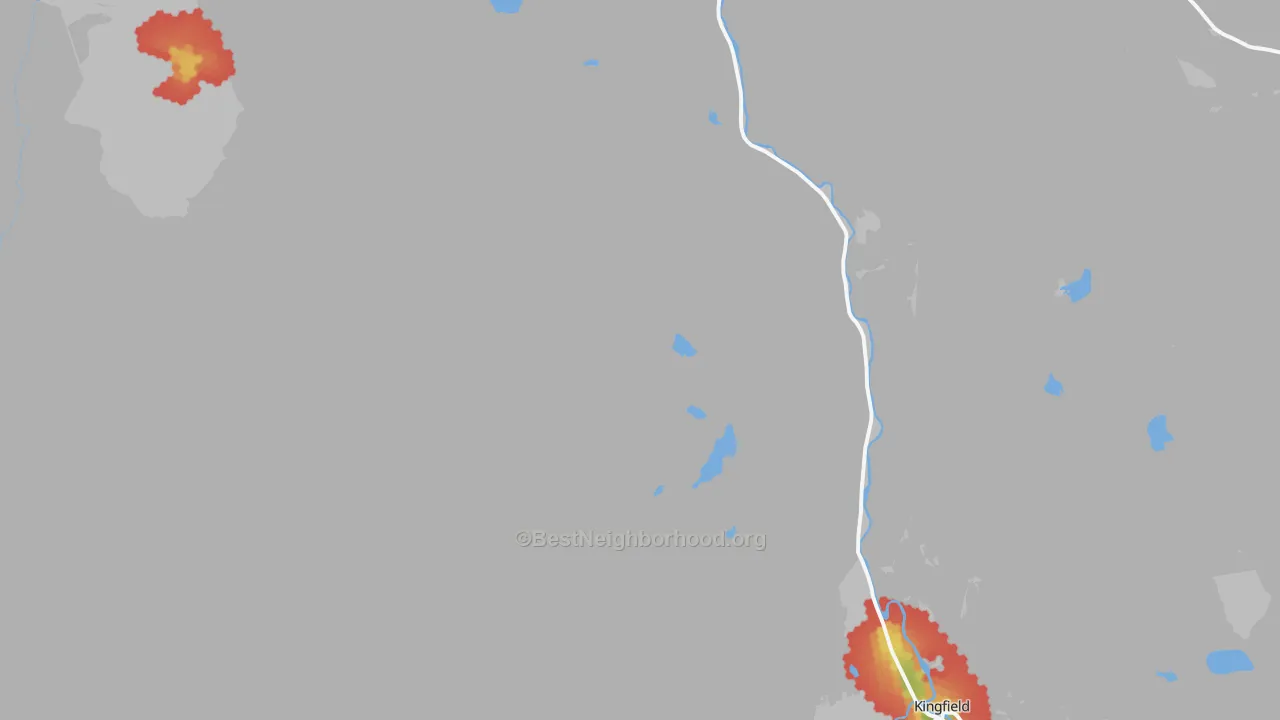 Walk Grade map of Kingfield, ME, walkable areas in green and car-dependent areas in red