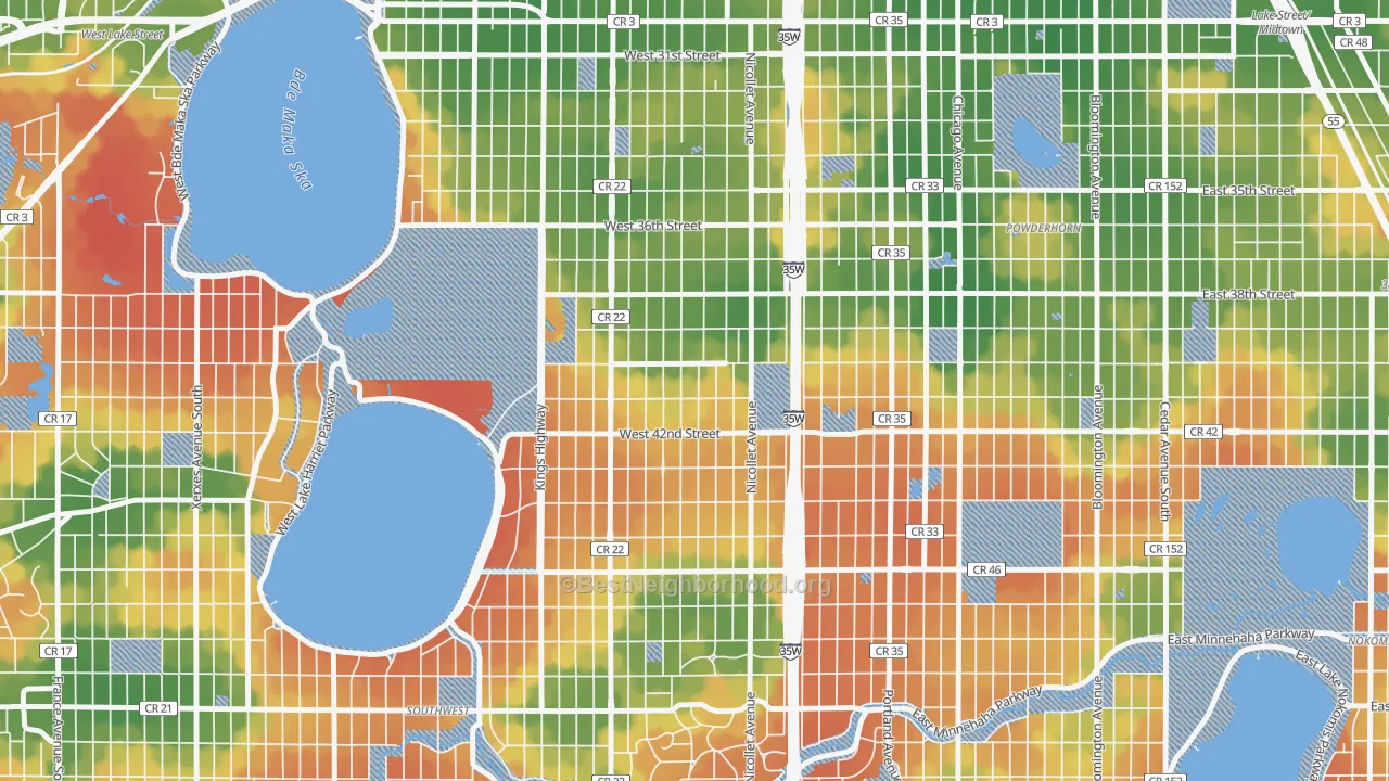 Walk Grade map of Kingfield, Minneapolis, MN, walkable areas in green and car-dependent areas in red