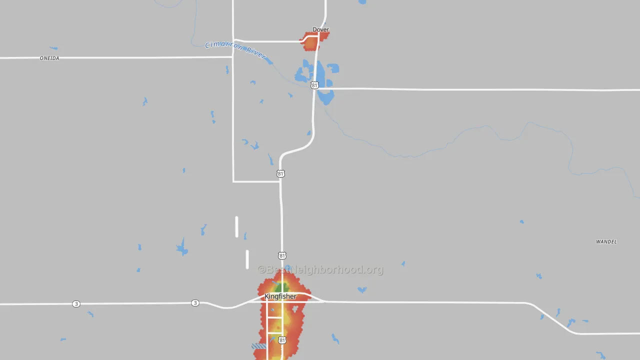 Walk Grade map of Kingfisher County, OK, walkable areas in green and car-dependent areas in red